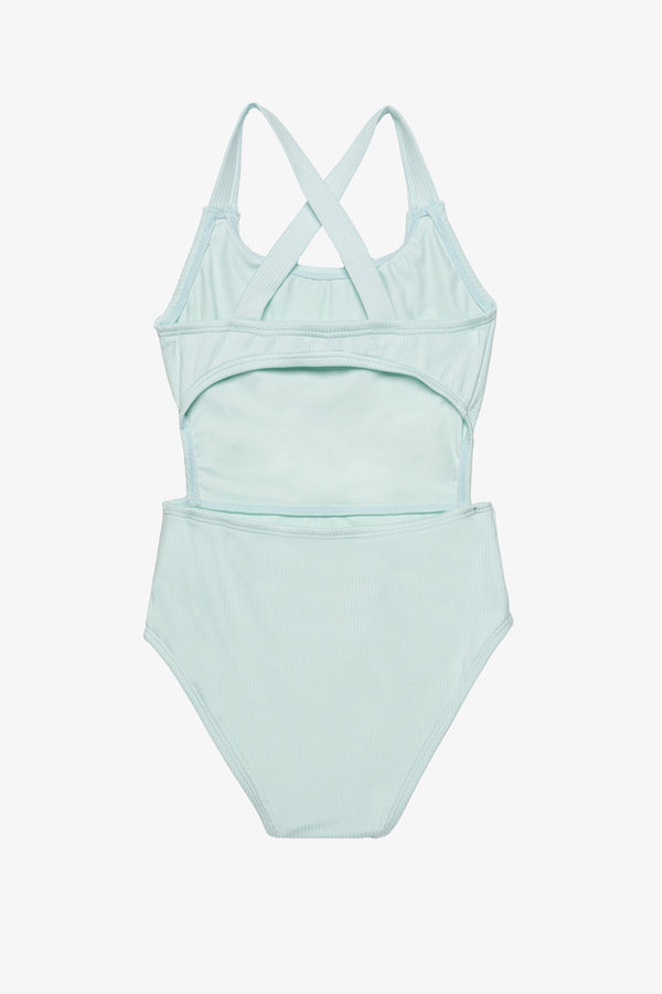 Girls Green Ribbed Criss-Cross Back Swimsuit