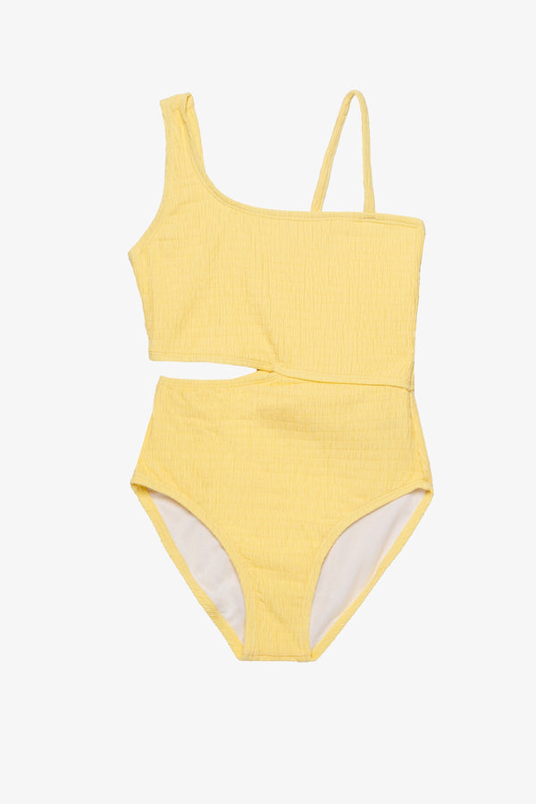 Girls Yellow Textured One-Shoulder Swimsuit