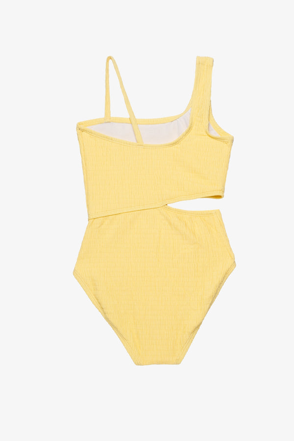 Girls Yellow Textured One-Shoulder Swimsuit