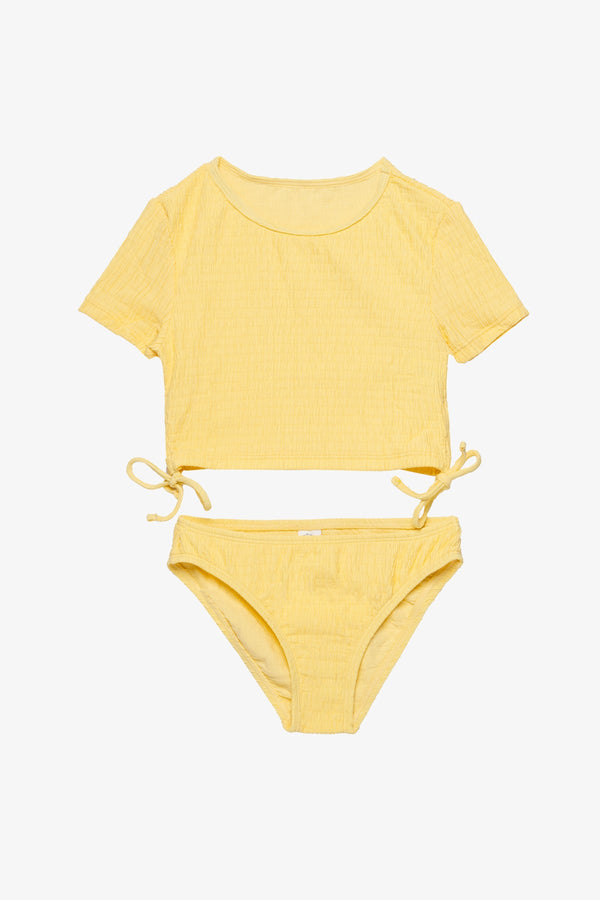 Girls Yellow Textured Short Sleeve Swim Set with Side Tie