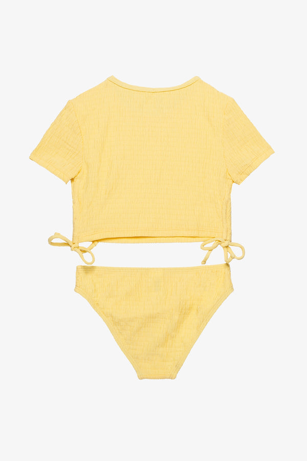 Girls Yellow Textured Short Sleeve Swim Set with Side Tie