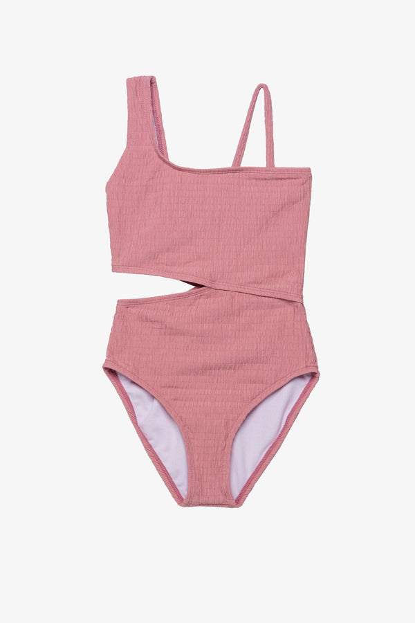Girls Pink Textured One-Shoulder Swimsuit