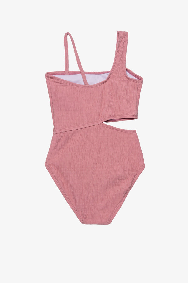 Girls Pink Textured One-Shoulder Swimsuit