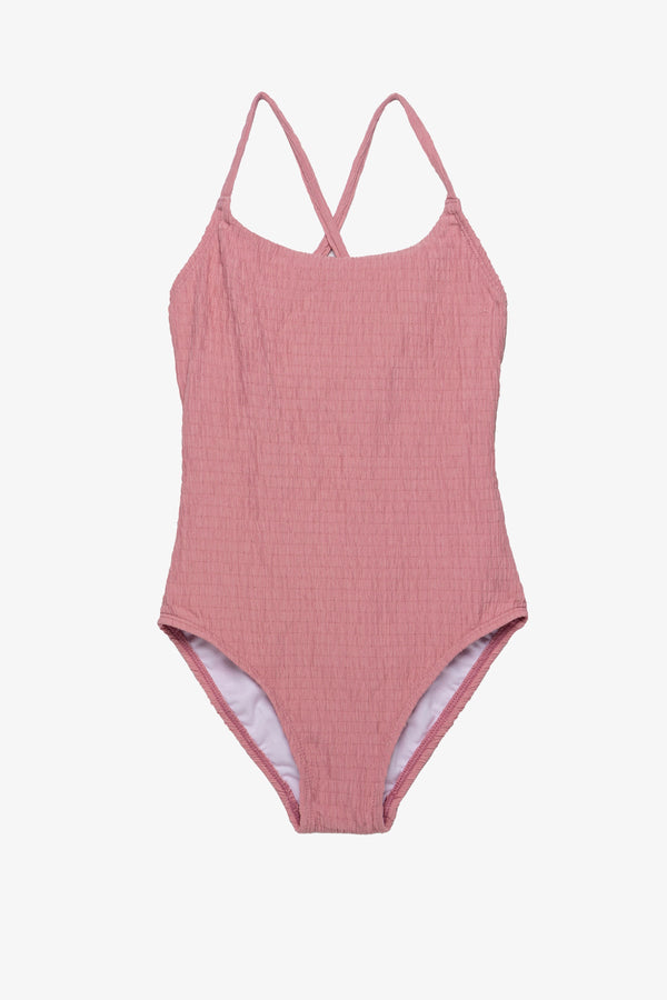Girls Pink Textured Criss-Cross Back Swimsuit