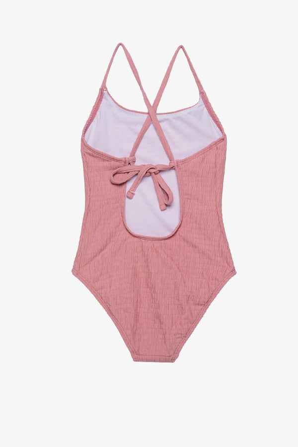 Girls Pink Textured Criss-Cross Back Swimsuit