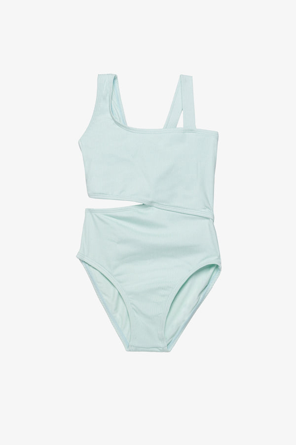 Girls Green Ribbed One-Shoulder Swimsuit