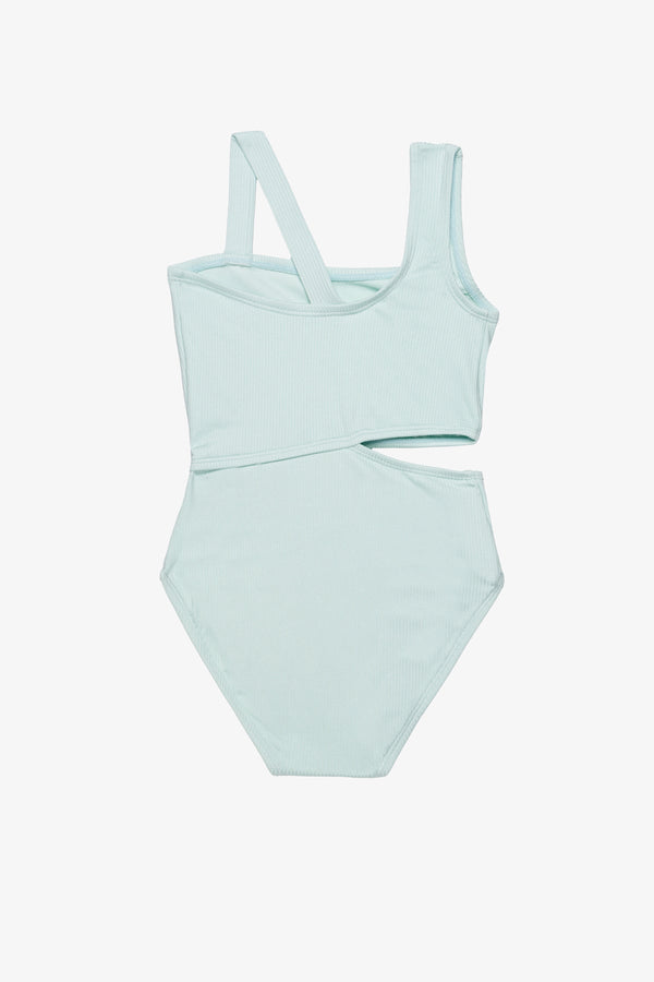 Girls Green Ribbed One-Shoulder Swimsuit