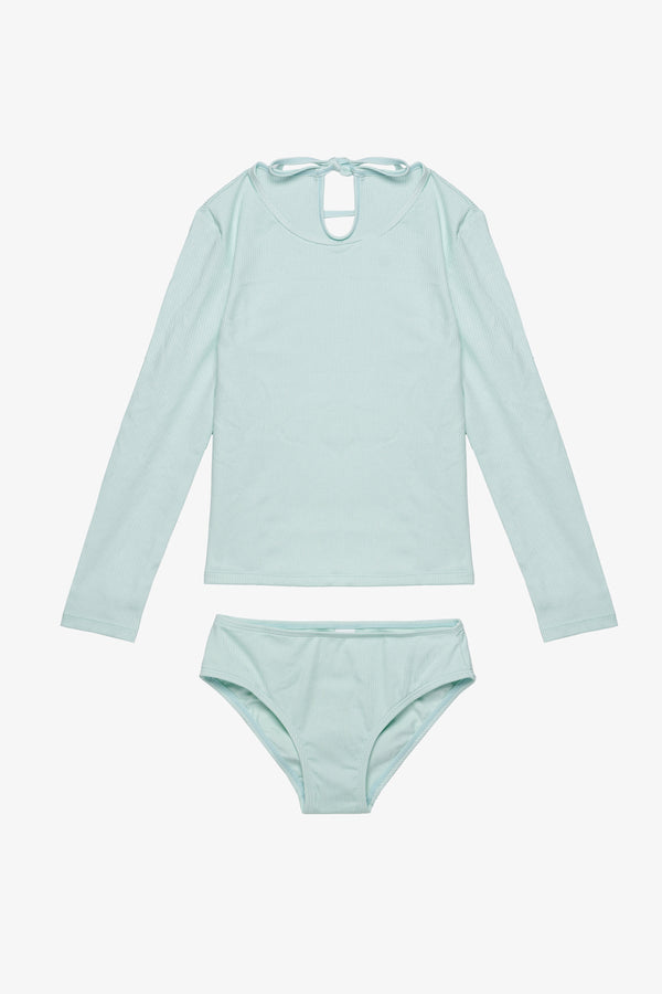 Girls Light Green Ribbed Long Sleeve Rash Guard Set