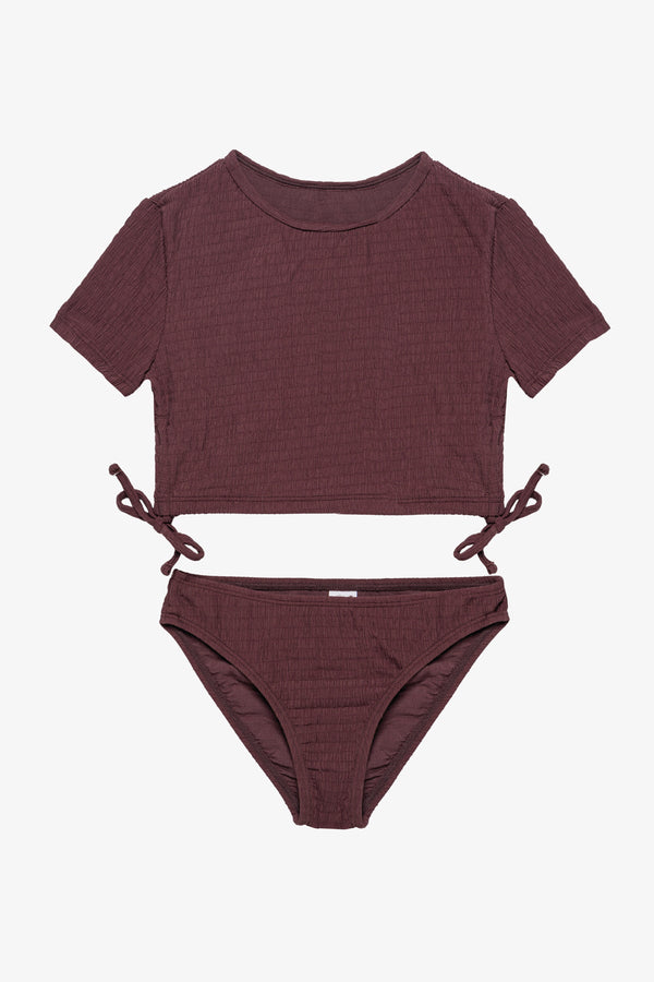 Girls Brown Textured Short Sleeve Swim Set with Side Tie
