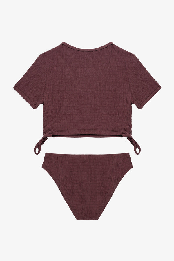 Girls Brown Textured Short Sleeve Swim Set with Side Tie