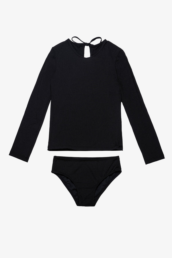 Girls Black Ribbed Long Sleeve Rash Guard Set