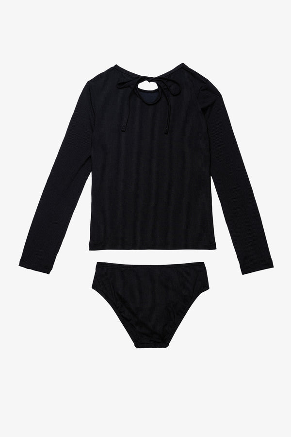 Girls Black Ribbed Long Sleeve Rash Guard Set
