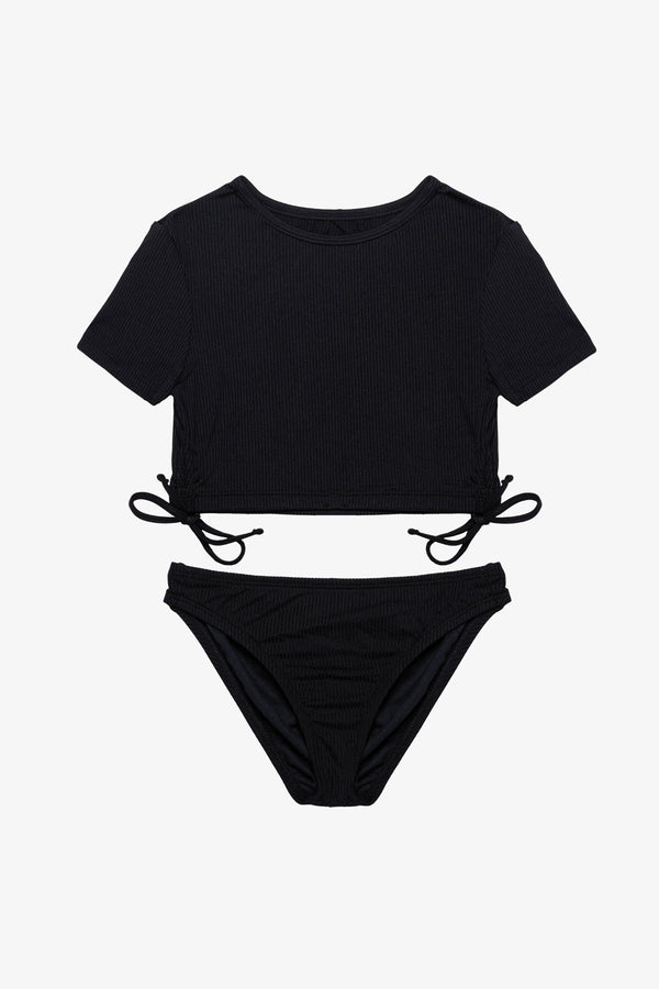 Girls Black Ribbed Short Sleeve Bikini Set with Side Tie