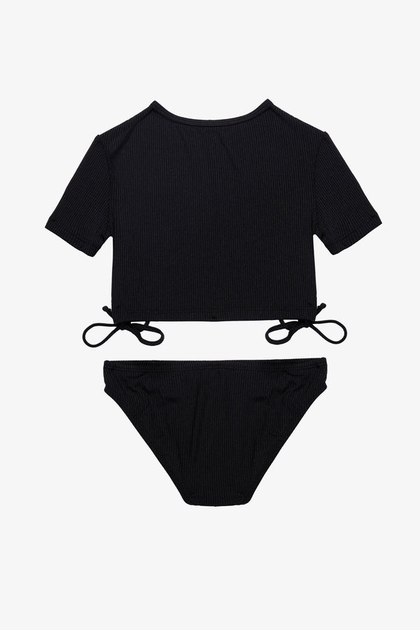 Girls Black Ribbed Short Sleeve Bikini Set with Side Tie