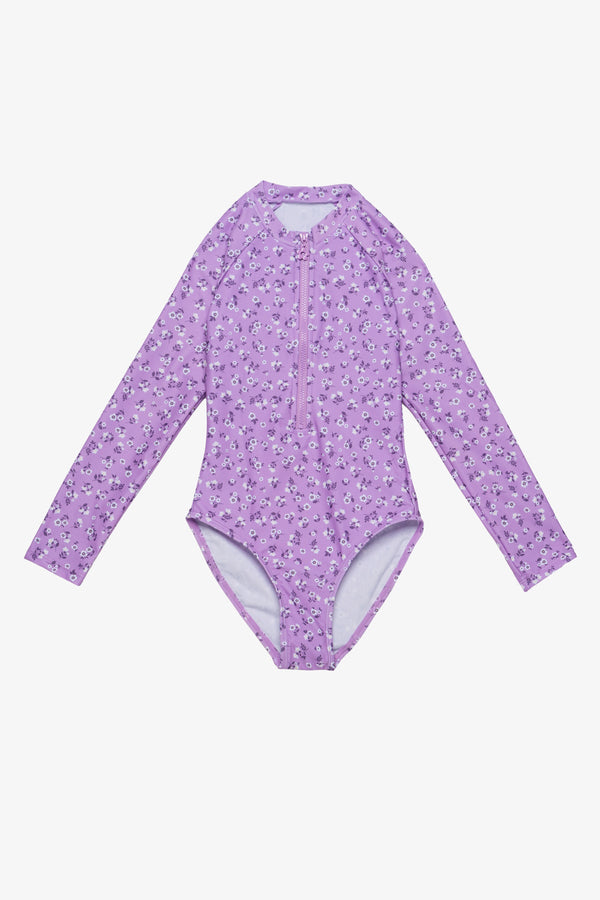 Girls Purple Floral Long Sleeve Swimsuit
