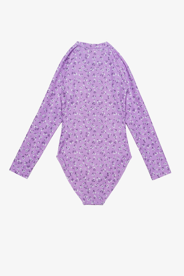 Girls Purple Floral Long Sleeve Swimsuit