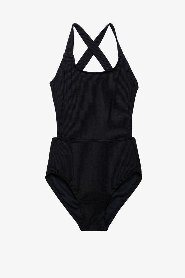 Girls Black Ribbed Criss-Cross Back Swimsuit