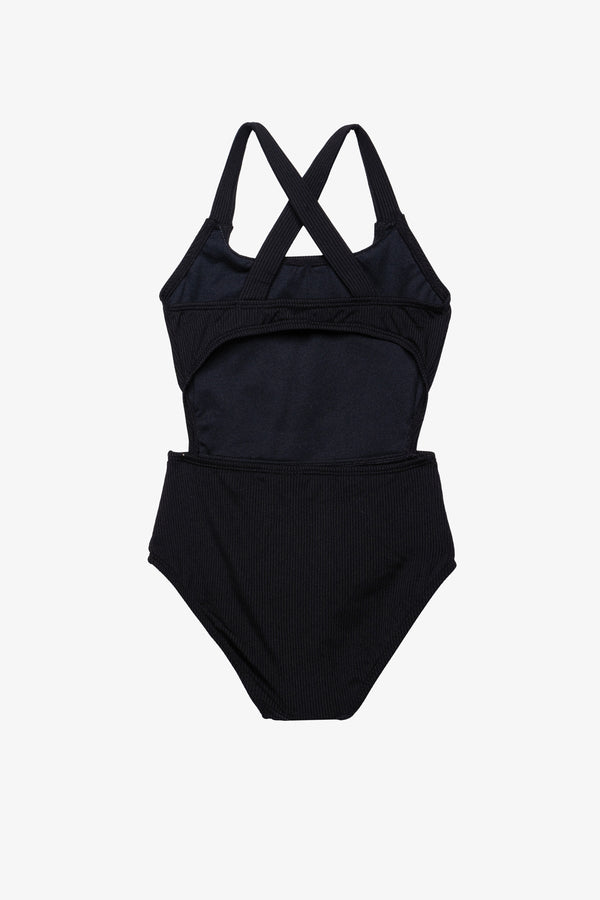 Girls Black Ribbed Criss-Cross Back Swimsuit