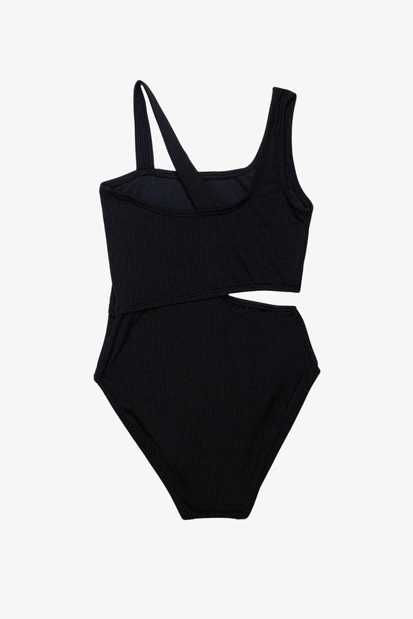 Girls Black Ribbed One-Shoulder Swimsuit