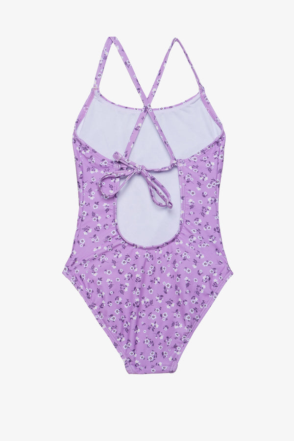 Girls Violet Floral Criss-Cross Back Swimsuit