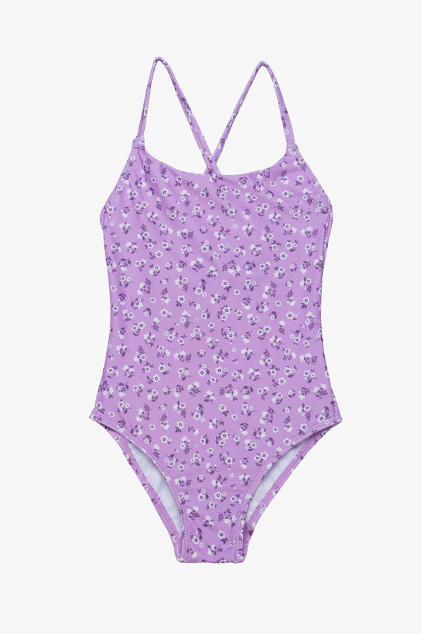 Girls Violet Floral Criss-Cross Back Swimsuit