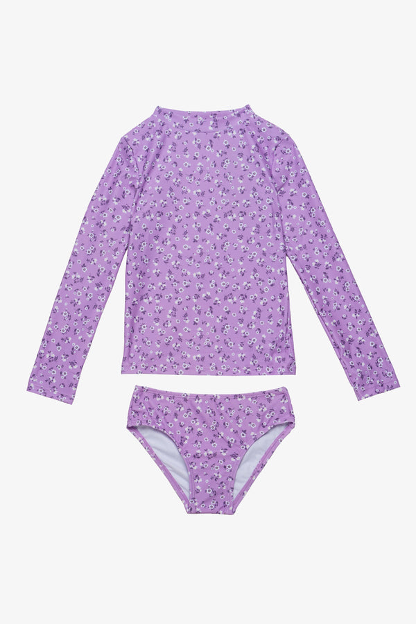 Girls Violet Floral Long Sleeve Rash Guard Set
