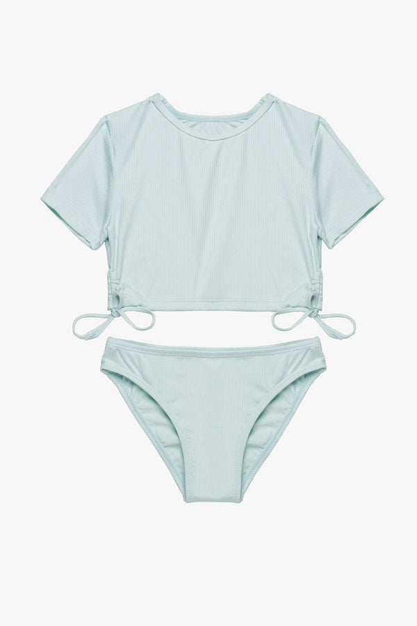 Girls Light Green Ribbed Short Sleeve Bikini Set with Side Tie
