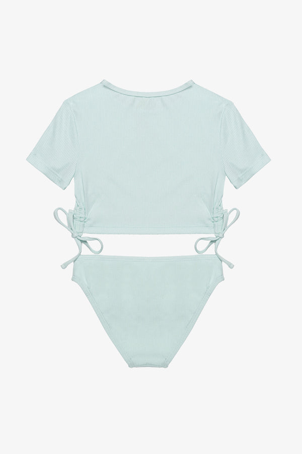 Girls Light Green Ribbed Short Sleeve Bikini Set with Side Tie