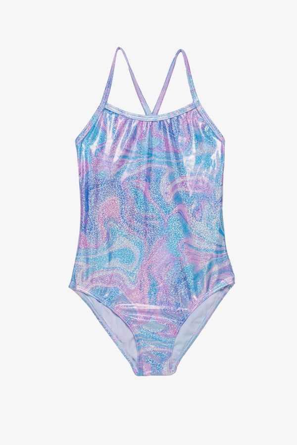 Girls Marble Sparkle Criss-Cross Back Swimsuit – Multi Pink
