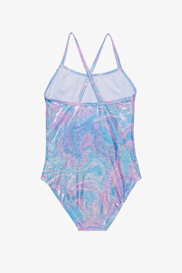 Girls Marble Sparkle Criss-Cross Back Swimsuit – Multi Pink