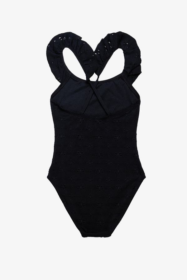 Girls Black Floral Lace Ruffle Swimsuit with Criss-Cross Back