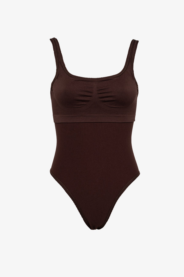 One Size One-Piece Swimsuit with Bust Support-Brown