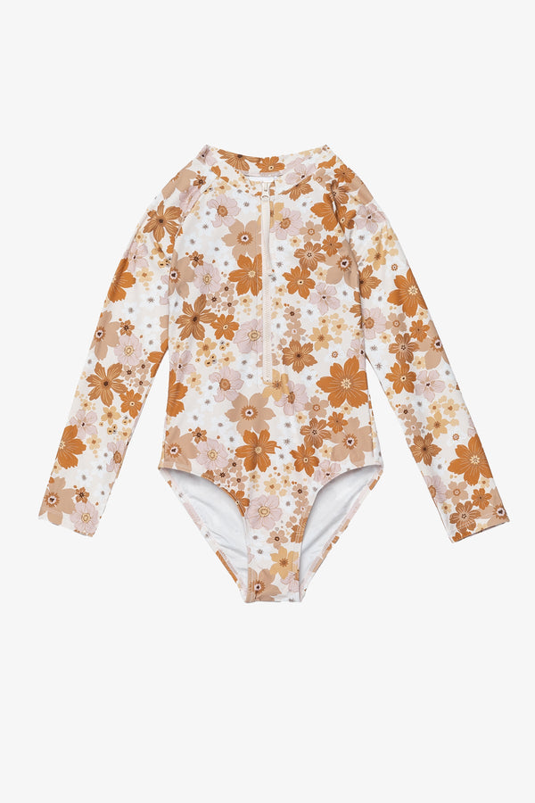 Girls Nostalgic Bloom Long Sleeve Zip Front One Piece-Brown haze