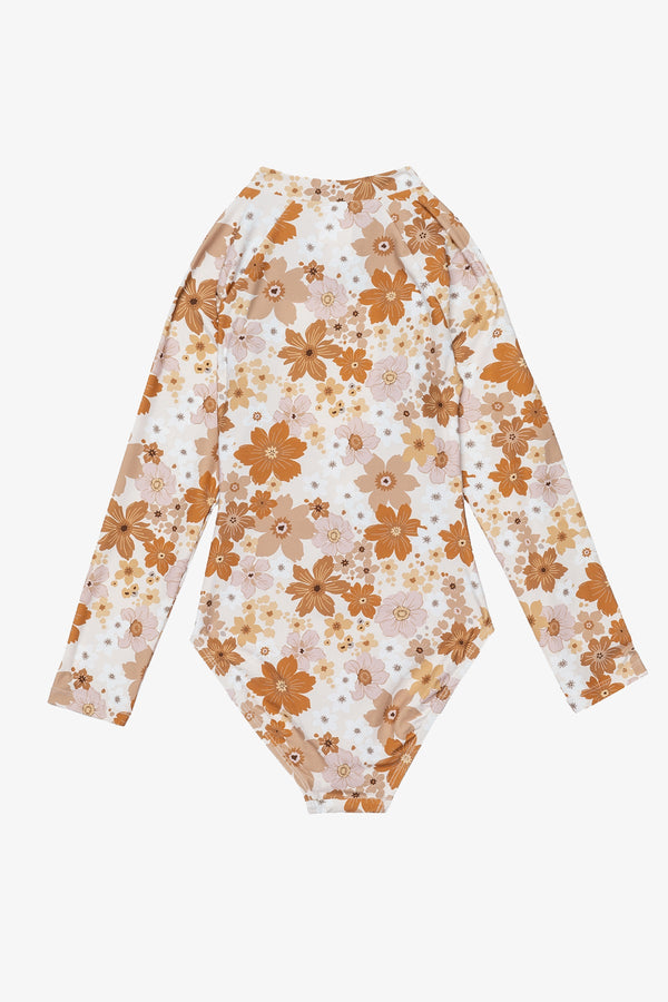 Girls Nostalgic Bloom Long Sleeve Zip Front One Piece-Brown haze