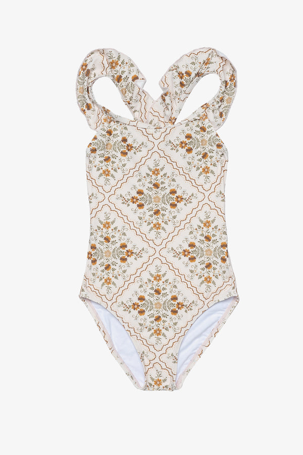 Girls Love Notes Square Neck Ruffle One Piece-Cream brown