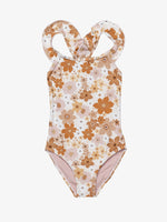 Girls Nostalgic Bloom Square Neck Ruffle One Piece-Brown haze
