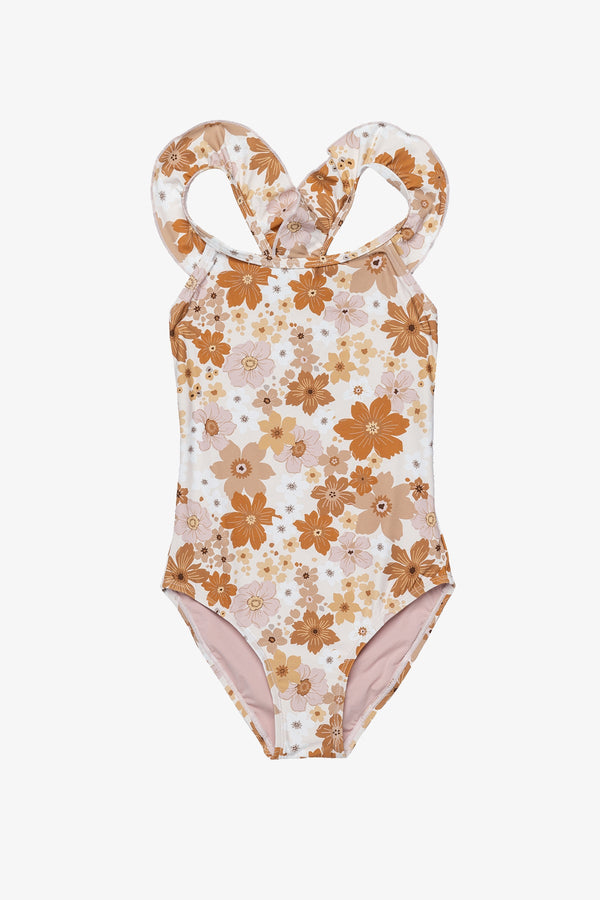 Girls Nostalgic Bloom Square Neck Ruffle One Piece-Brown haze