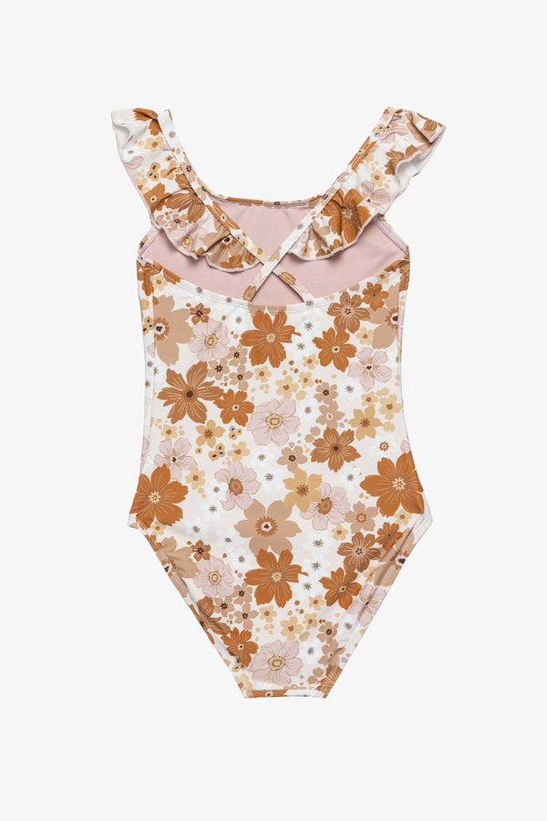 Girls Nostalgic Bloom Square Neck Ruffle One Piece-Brown haze