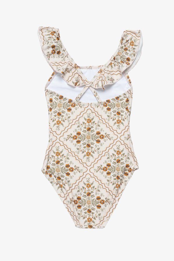 Girls Love Notes Square Neck Ruffle One Piece-Cream brown