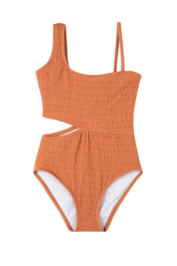 GIRLS ONE SHOULDER SWIMSUIT IN TERRACOTTA