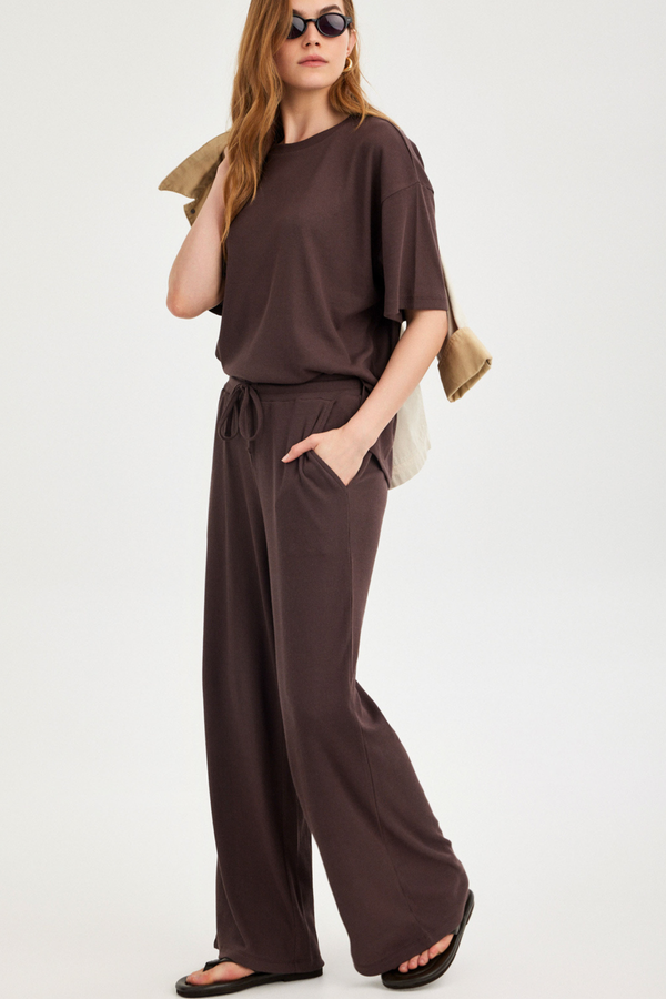 Americano Brown Ribbed Wide-Leg Trousers