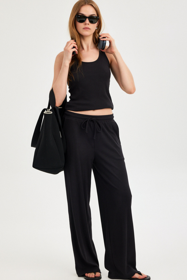 Black Ribbed Wide-Leg Trousers