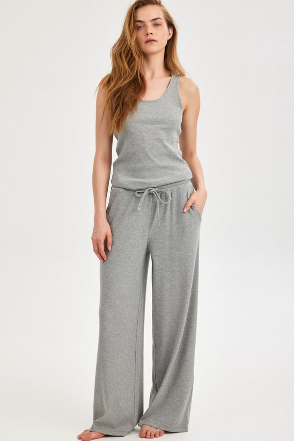 Grey Ribbed Wide-Leg Trousers
