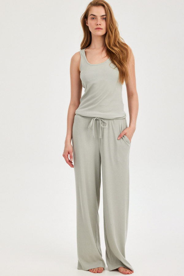 Mint Ribbed Wide-Leg Trousers