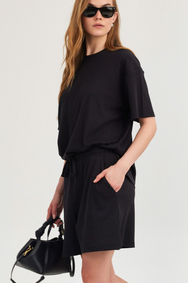 Midnight Black Ribbed Short-Sleeve Top