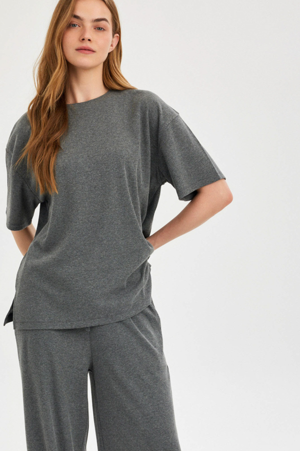 Dark Grey Ribbed Short-Sleeve Top