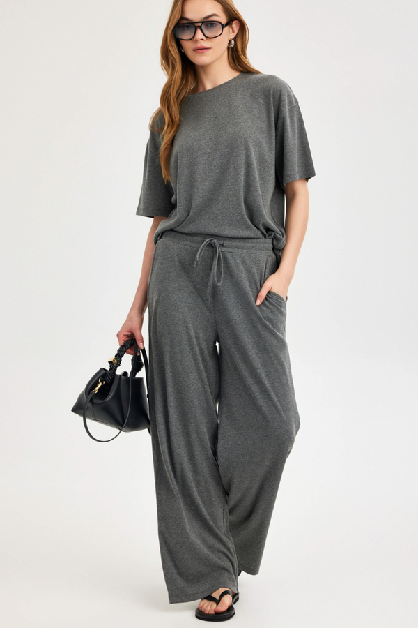 Dark Grey Ribbed Short-Sleeve Top