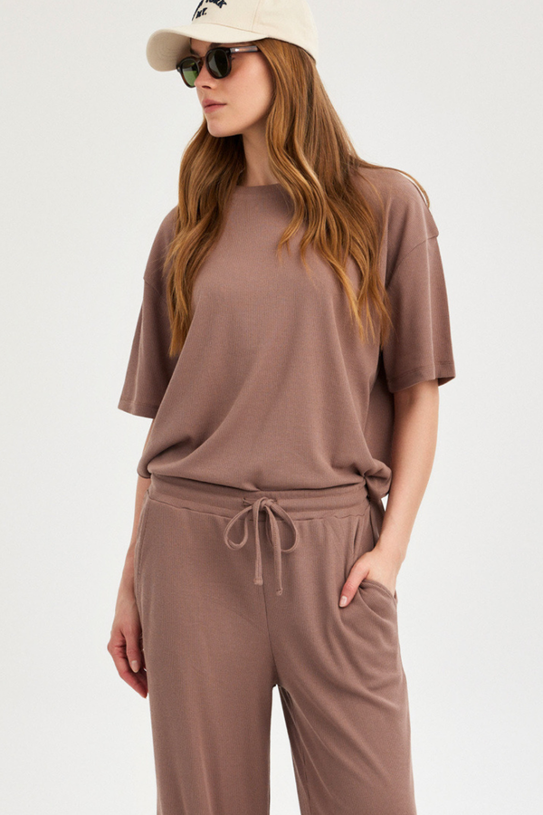 Light Brown Ribbed Short-Sleeve Top