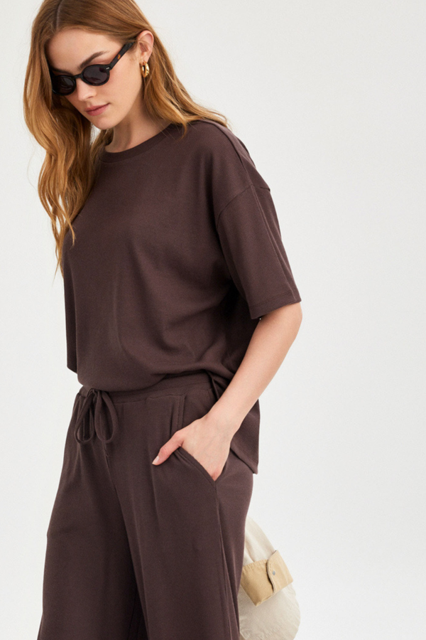 Americano Brown Ribbed Short-Sleeve Top