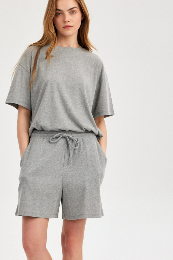 Grey Ribbed Short-Sleeve Top